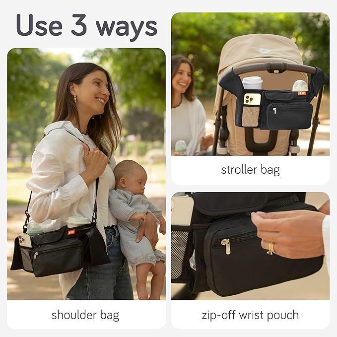 Baby Uma Universal Stroller Organizer Bag - Stroller Caddy Organizer with XL Insulated Cup Holder (x2), Phone Holder, Wipes Dispenser, Zip-Off Wrist Bag & Clip-On Shoulder Strap, Baby Travel Gear
