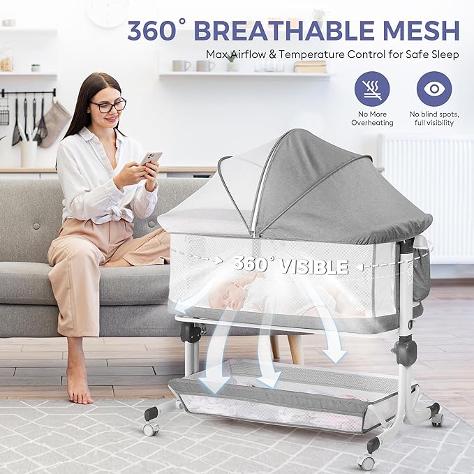Baby Bassinet Bedside Sleeper, Upgraded Stability Bedside Crib with Full Mesh Sides, Soft Sheet, 6-Height Adjustment, Storage Basket, Easy Folding Portable Bassinet for Newborns, Gray