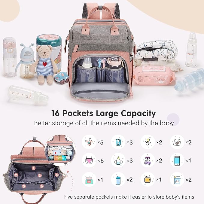 DERJUNSTAR Baby Diaper Bag Backpack with ChangingStation-Large Capacity Baby Bag for Boys & Girls, USBCharging Port, Pacifier Case, sunshade & Toy Bar,Waterproof, Baby Pink