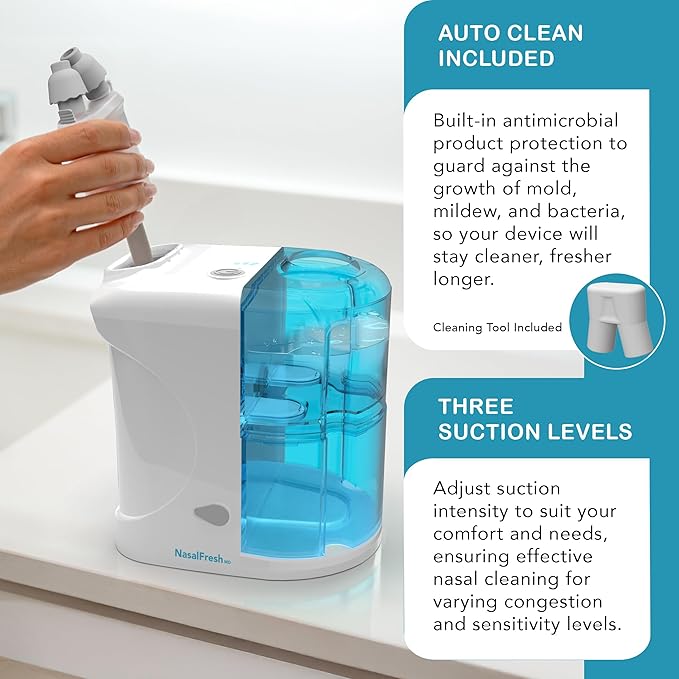 NASALFRESH MD Premium Bundle–Dual Powered Nasal Irrigation System Nasal Rinse and Wash, Sinus Decongestant Relief System, 60 Saline Packets, Case, Rechargeable, 2 Sets of Nose Pillows–Snoring Remedy