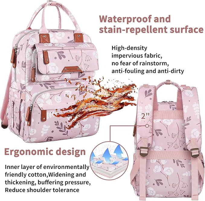Diaper Bag Backpack for Baby Girl, Multifunction Waterproof Diaper Bag for Mom Dad, Large Pink Floral Baby Diaper Bags, Baby Essentials Travel Bag with Stroller Straps, Large Capacity, Stylish