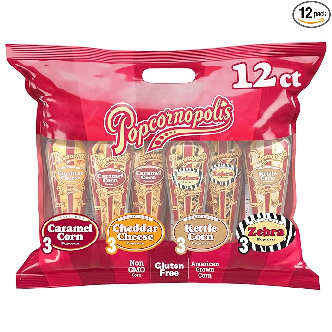 Popcornopolis Gourmet Popcorn Cone Variety Pack – Zebra, Cheddar Cheese, Caramel & Kettle Corn Popcorn, Great for Gifting & Sharing (12-Count)