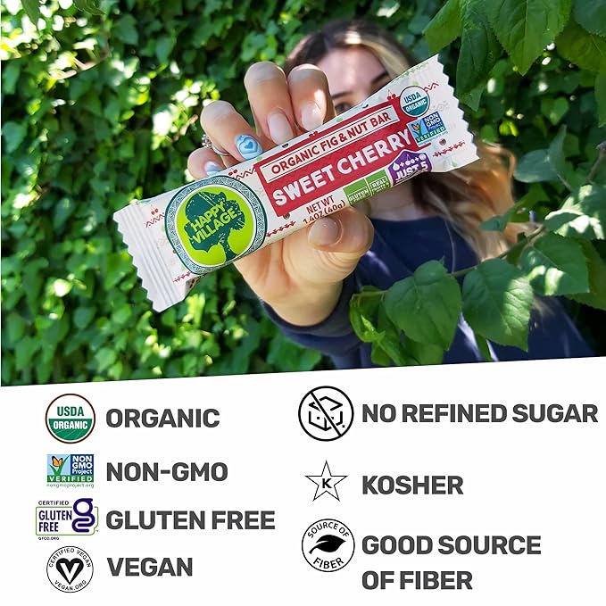 Happy Village Organic Fruit & Nut Bar, SWEET CHERRY | Gluten Free, No Refined Sugar, Kosher, Non-GMO, Vegan, Good Source of Fiber | Organic Healthy Snack Bars (16 bars, 1.4 OZ each)