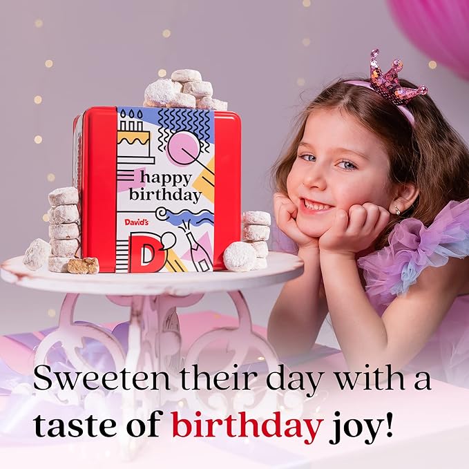 David’s Cookies Happy Birthday Gift for Everyone – 1Lb Butter Pecan Meltaways Cookies with Crunchy Pecans and Powdered Sugar – Premium Fresh Ingredients – Comes with a Lovely Birthday Themed Tin