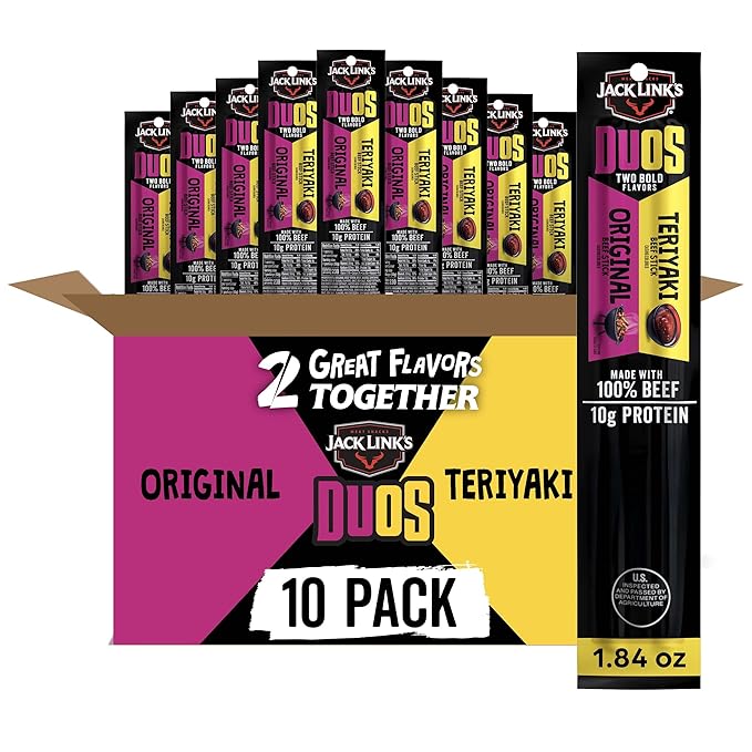 Jack Link's DUOs Beef Jerky Meat Snack Sticks with 10g Protein – Original & Teriyaki, Made with 100% Beef, Two Flavors in One Package, 1.84oz (10 Pack of 2 Sticks)