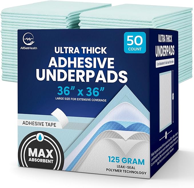 50 Pack Adhesive Disposable Bed Pads for Adults 125 Gram - 3XL 36"x36" Non Slip Chucks Pads Disposable Adult, Incontinence Bed Pads - Disposable Underpads, Waterproof Heavy Duty Pee Pads for Adults