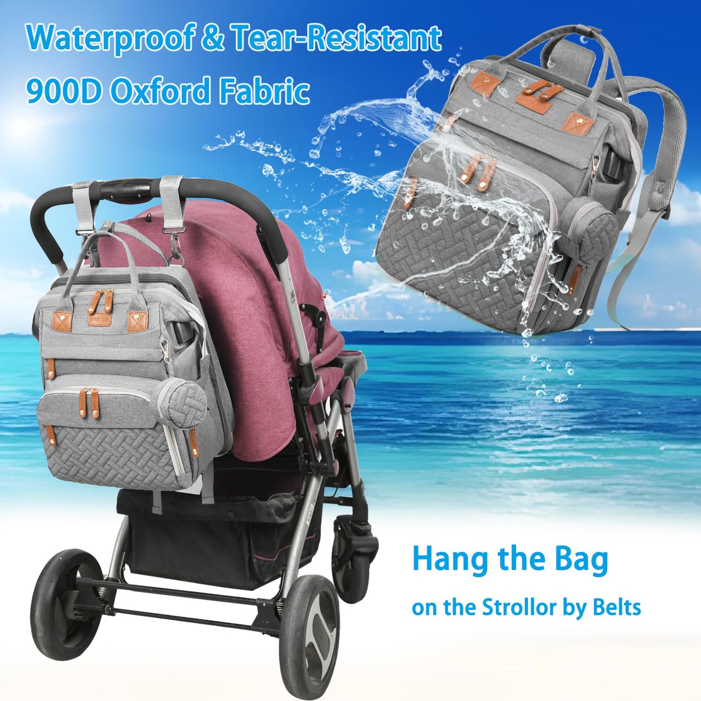 Jeryswet Baby Diaper Bags with Changing Station, Waterproof Large Capacity Diaper Bag Backpack for Moms Dads with USB Charging Port and Stroller Straps, Baby Shower Gifts, Pink-Grey