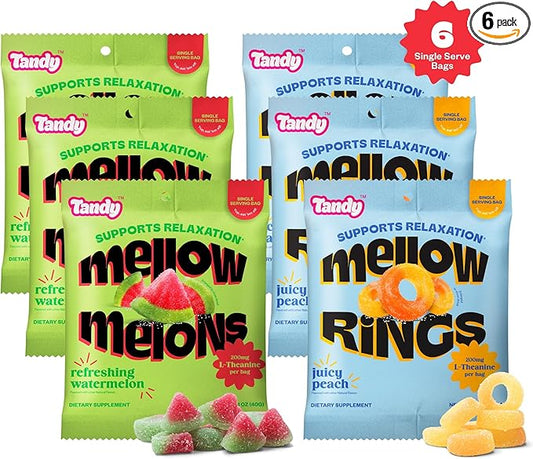 Tandy Mellow Melons & Mellow Rings L-Theanine Gummies I Relaxation Gummy with Watermelon & Peach Flavors I Calming Gummies for Adults I Gluten-Free Fast-Acting Dietary Supplement Gummy I 6-Pack