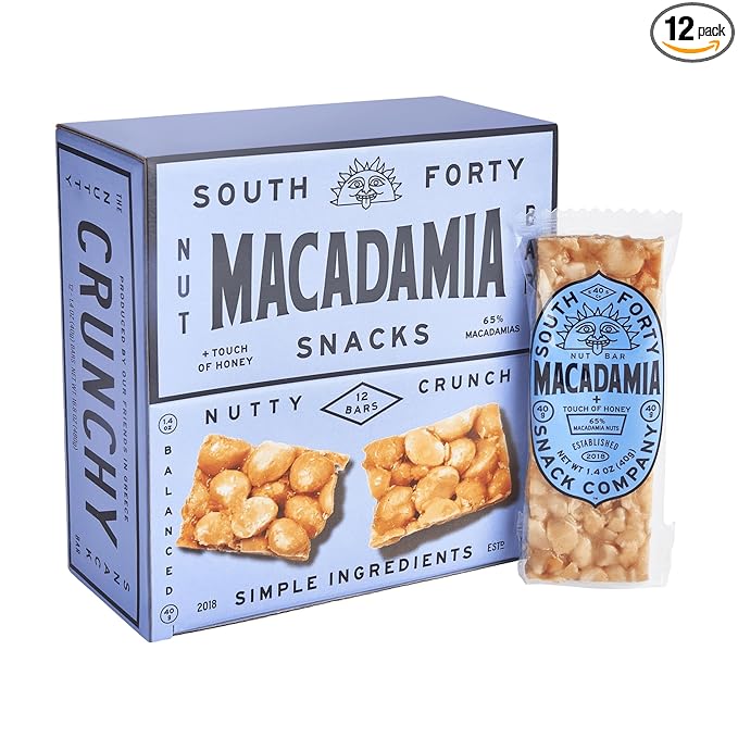 South 40 Snacks Crunchy Macadamia Nut Bar, Just 5 Ingredients, Touch of Honey (40g Bar, Pack of 12)