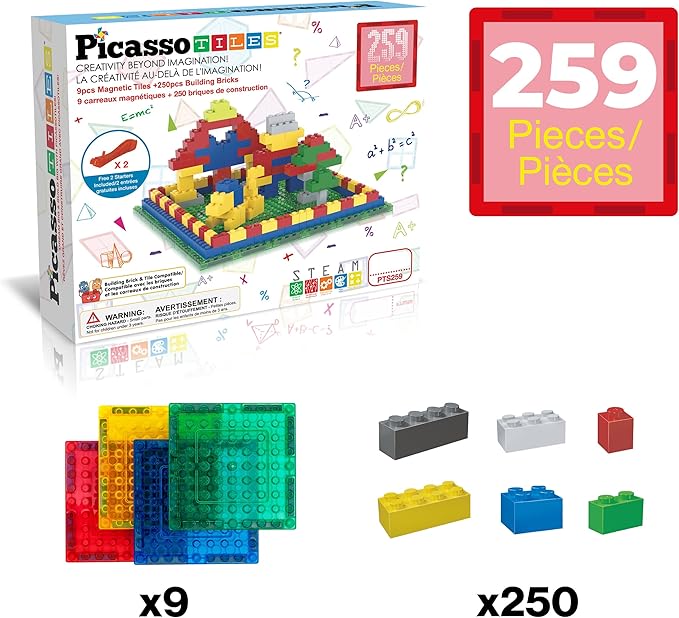 PicassoTiles Magnetc Brick Tile 259pcs Building Block Combo Set Compatible with Major Brick Systems Over 50+ Builds STEM Educational Construction Toy for Kids Toddlers Boys Girls Ages 3 and Up PTS259