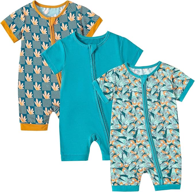 OPAWO Bamboo Baby Pajamas 3 Pack, Double Zipper Bamboo Sleepers for Baby Boy Girl Romper, Toddler Summer Clothes Outfit 0-24M