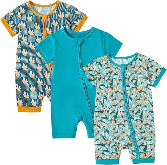 OPAWO Bamboo Baby Pajamas 3 Pack, Double Zipper Bamboo Sleepers for Baby Boy Girl Romper, Toddler Summer Clothes Outfit 0-24M