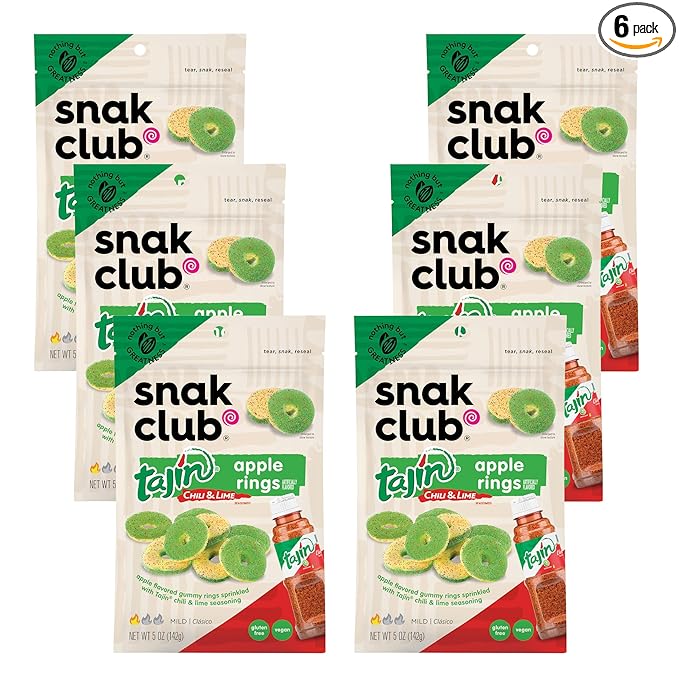 Snak Club Tajin Apple Rings Gummy Candy, Fruit Candy Gummies with Chili and Lime Seasoning, Mild, Gluten-Free and Vegan Snacks, 5 oz Resealable Bags, 6 Pack