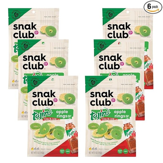 Snak Club Tajin Apple Rings Gummy Candy, Fruit Candy Gummies with Chili and Lime Seasoning, Mild, Gluten-Free and Vegan Snacks, 5 oz Resealable Bags, 6 Pack