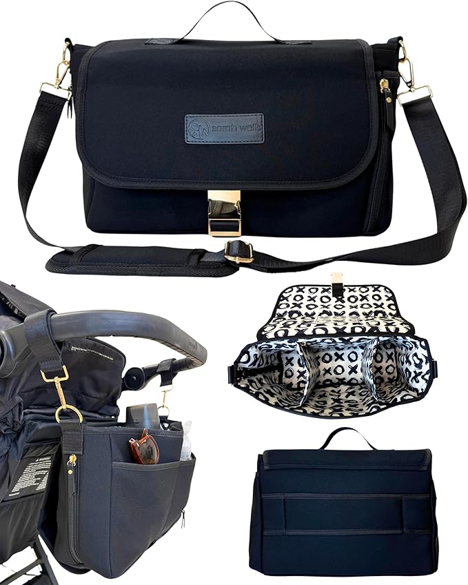 Sarah Wells Stroller Caddy & Pump Bag – Insulated Neoprene Diaper Organizer with Crossbody Strap, Machine Washable, Luggage Sleeve – Fits Single & Double Strollers (Black)