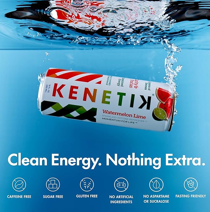NEW! KENETIK Nootropic Ketone Drink, Ketones for Energy & Focus, Caffeine & Sugar Free, High Performance D-BHB Ketone Mix, Fuel w/Zero Crash or Jitters, Ready to Drink - Watermelon Lime 6 Pk