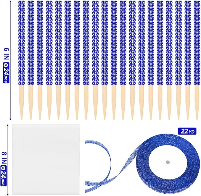 Bling Sticks for Candy Apples, 26Pcs Caramel Apple Wooden Pointed Skewers with 26Pcs Glass Bag and 22Yd Glitter Ribbons Tie, Fruit Cake Pop Chocolate Blue Crystal Bamboo Sticks for Party Favor