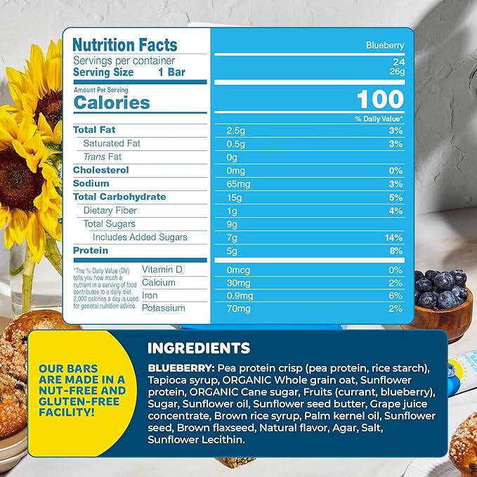 Blake's Seed Based Breakfast Bars with Protein — Blueberry (24 Count), 5g Clean Plant-Based Protein, Gluten Free, Nut Free, Dairy Free & Vegan, Healthy Snacks for Kids or Adults, School Safe