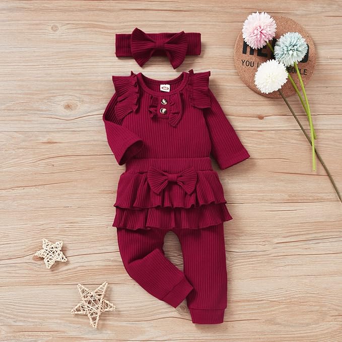 Aalizzwell Preemie Newborn Infant Baby Girls Clothes Ribbed Bodysuit Pants Set Fall Winter Outfits