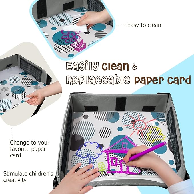 [New Version] Car Seat Organizer Kids Travel Tray for Kids Toddlers Activities in Car Seat, Stroller, Airplane | Touch Screen iPad Holder | Waterproof Dry Erase Top | Side Pocket & Water Bottle Holder