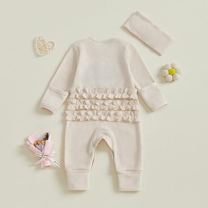 Newborn Baby Girls Rompers Knit Round Neck Long Sleeve Infant Fall Jumpsuits with Headband Coming Home Outfit