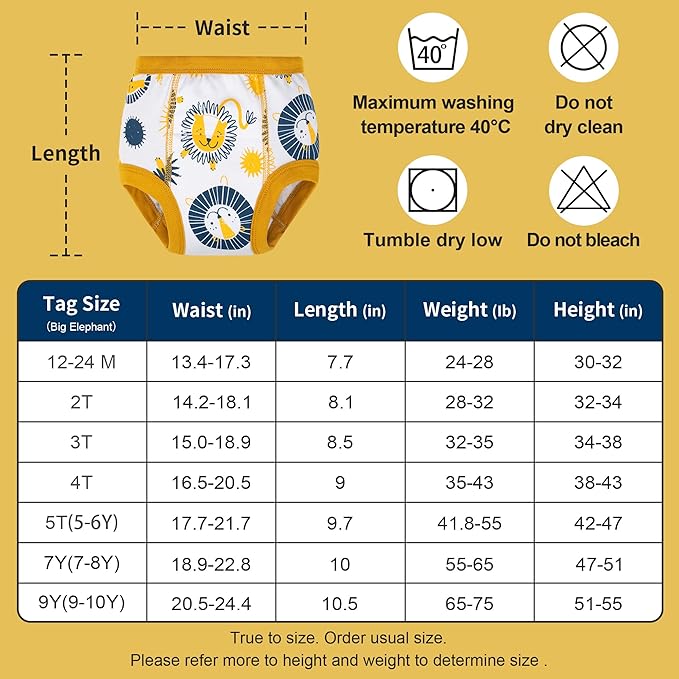 BIG ELEPHANT 10-Pack Baby Potty Training Underwear, Soft 100% Cotton Absorbent Training Pants for Boys & Girls, Ages 12M-10Y