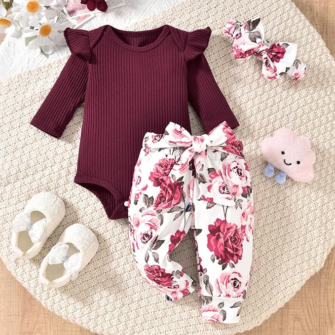 Aalizzwell Preemie Newborn Infant Baby Girls Clothes Ribbed Romper Bodysuit Pants Set Fall Winter Outfits