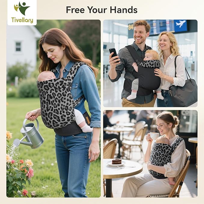 Reversible Baby Carrier – Black Solid & Leopard Print; Lightweight, Cooling & Breathable Lyocell Fabric; Ergonomic Lumbar Support and Quick Hands-Free Wear for Newborn to Toddler (7–44 lbs)