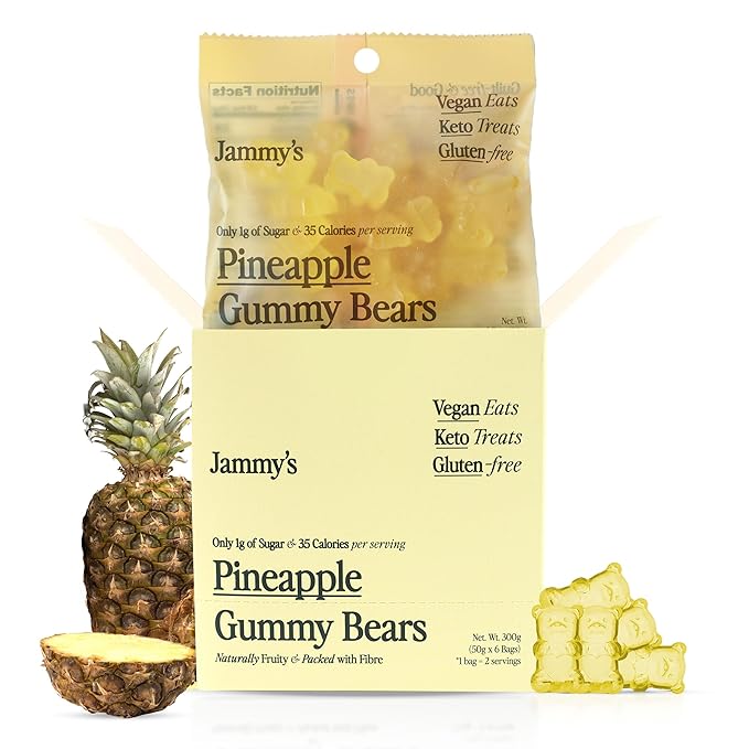 Jammy's™ - Pineapple Gummy Bears | Sugar-Free & Vegan-Friendly | Keto-Friendly, Gluten-Free, Low Carb, High Fibre & Naturally Fruity | Delicious, Soft & Chewy | Box of 6 x 50g Bags