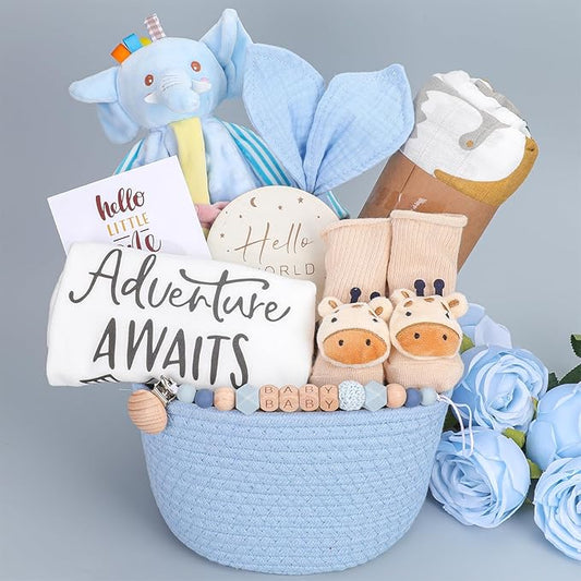 Baby Boy Gifts Basket Gender Reveal Gifts with Essentials Must Haves Newborn Stuff, Deluxe New Baby Gift Basket for Expecting Moms, Baby Layette Set