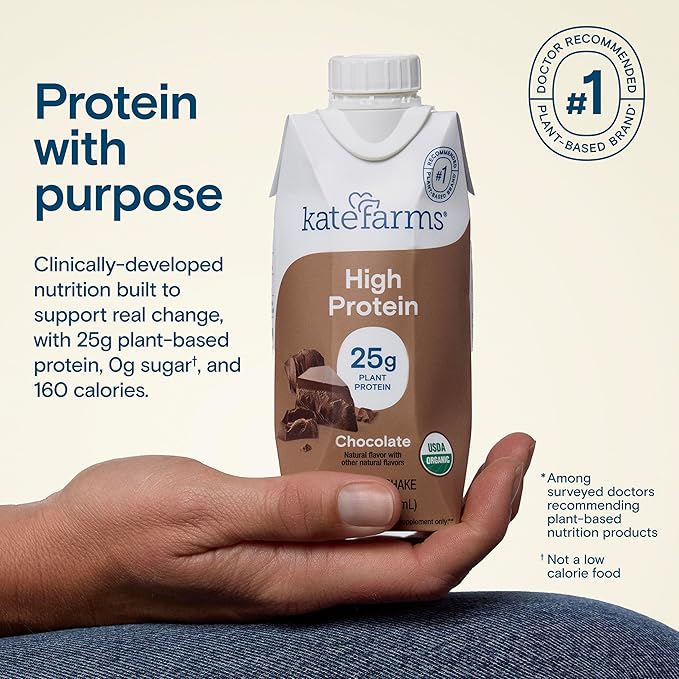 KATE FARMS Organic High Protein Chocolate Nutrition Shake, 25g Protein, 6g Fiber, 27 Vitamins and Minerals, 0g Sugar, Protein Drink, 11 oz (6 Pack)