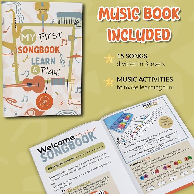Leopold & Marianne | Xylophone for Kids Ages 5-9 | Kids Musical Instrument | Glockenspiel 25 Notes Chromatic | Color Metal Keys | Music Book Included, Play-Along Videos, Blue Carry Plastic Case