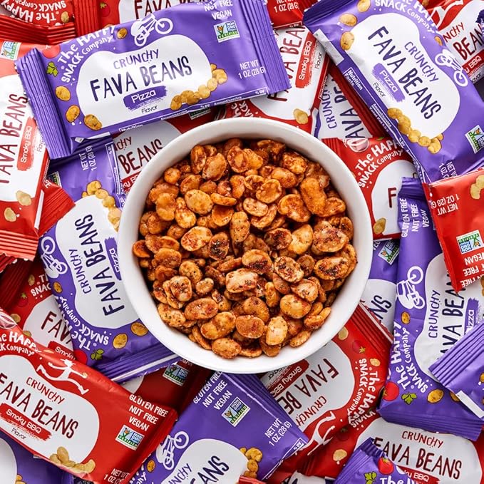 The Happy Snack Company Fava Beans Variety Pack 24 x 1 oz (Smoky BBQ Flavor and Pizza Flavor).Gluten free. Nut free. Dairy free. Non-GMO and Vegan. 5g Protein & 130 Cals.