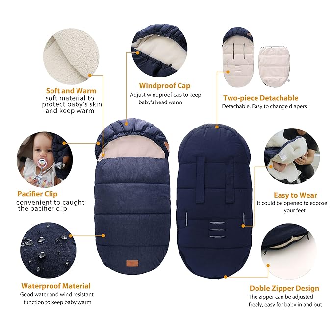 LAT Baby Warm Bunting Bag Universal,Stroller Sleeping Bag Cold Weather,Waterproof Toddler Footmuff(Detachable,Navy Blue)