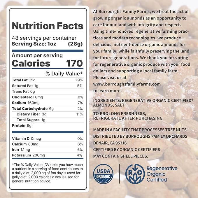 Burroughs Family Farms 3 lb Roasted Salted Almonds – USDA Organic, First Regenerative Organic Certified Almond Farm – 2x the Antioxidants and Vitamin B Versus Other Almonds – Lightly Salted & Perfectly Dry Roasted Almond Nuts