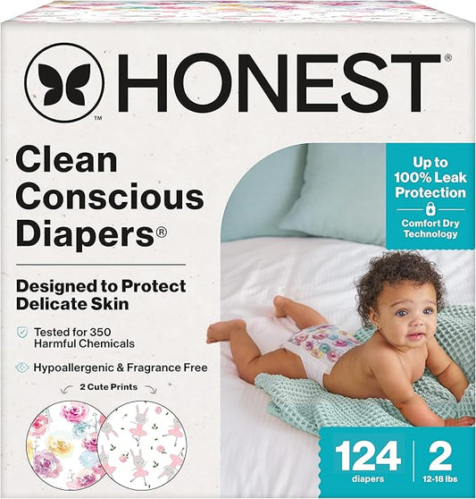 The Honest Company Clean Conscious Diapers for Delicate Skin | Up to 100% Leakproof | Hypoallergenic, Fragrance Free | Girl Prints | Super Club Box, Size 2 (12-18 lbs), 124 Count (Prints May Vary)