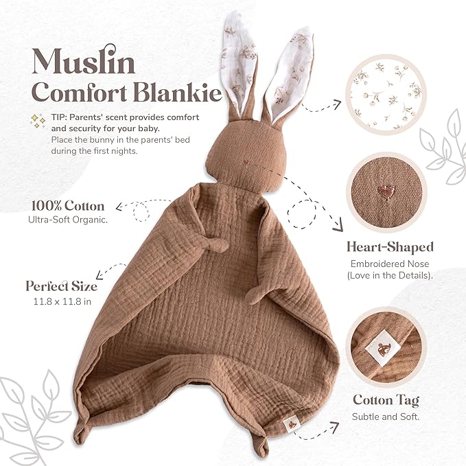 Mikito Organic Cotton Baby Muslin Lovey Bunny - Oeko-TEX & GOTS Certified - Security Blanket & Perfect Loveys for Babies - Unisex New Baby Gift for Ultimate Comfort & Peaceful Dreams