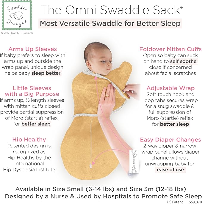 SwaddleDesigns 6-Way Omni Swaddle Sack Arms Up Swaddle for Newborn, More Options to Calm Startle Reflex, Improves Sleep