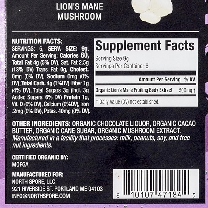 Organic Lion's Mane Mushroom 70% Dark Chocolate Bar | Functional Mushroom Supplement | 100% Fruiting Body Extracts | Made in USA