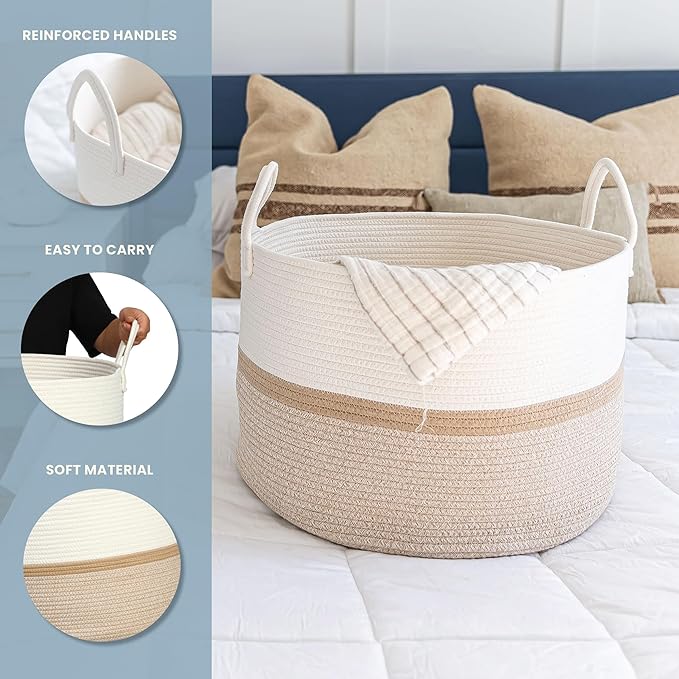 OrganiHaus Boho Woven Basket for Blankets and Laundry, Decorative Large Storage Bin for Living Room, Nursery Basket for Toys & Clothes, Soft Cotton Rope with Handles 20x13 inches - Striped Honey