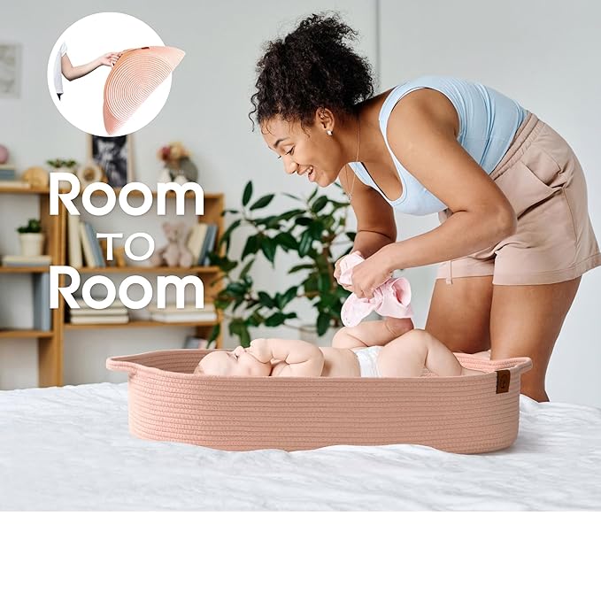 J&JOO Baby Changing Basket includes Diaper Caddy - Breathable & Waterproof Dual-Cover, Portable, Changing Pad for Dresser & Changing Table, Gift for Baby Shower (Coral Pink, Diaper Caddy Set)