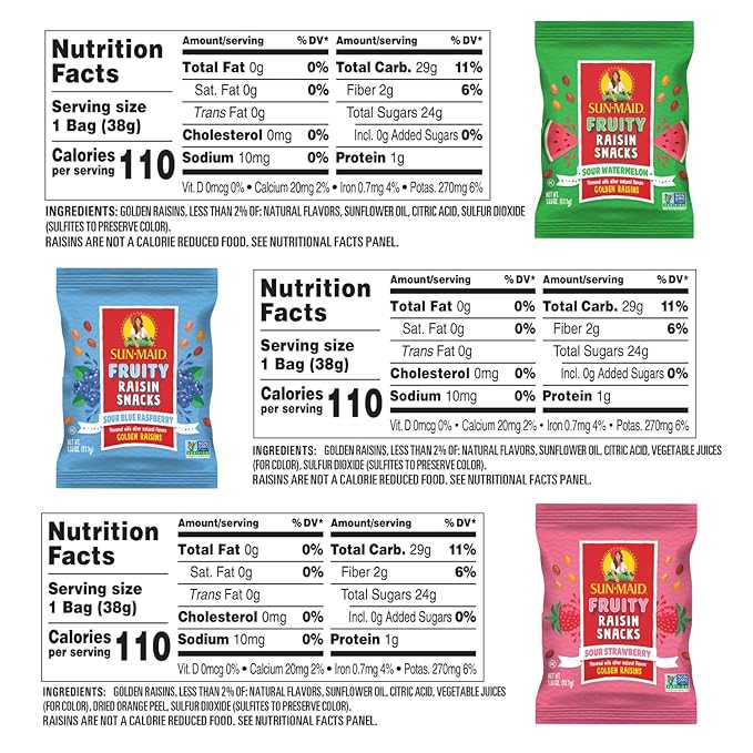 Sun-Maid Fruity Raisin Snack Variety Pack - Sour Strawberry, Watermelon & Blue Raspberry - (24 Pack) 1.33 oz Pouches - Tastes Like Sour Candy - Back To School Snacks
