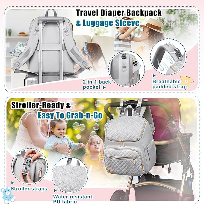 Weitars Diaper Bag Backpack Large Baby Diaper Bag with Changing Pad Travel Diaper Backpack,Baby Bag for Boys Girls,Stroller Straps,5 Insulated Pockets (Gray)