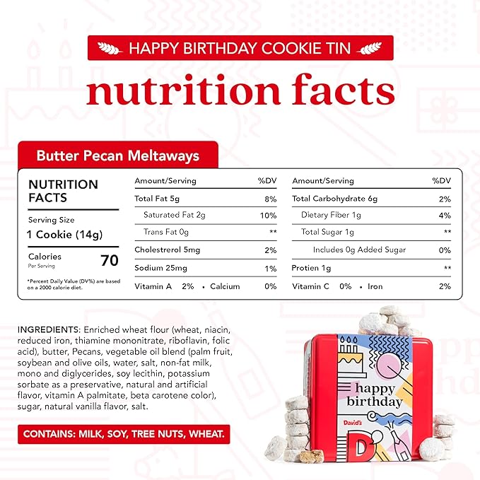 David’s Cookies Happy Birthday Gift for Everyone – 1Lb Butter Pecan Meltaways Cookies with Crunchy Pecans and Powdered Sugar – Premium Fresh Ingredients – Comes with a Lovely Birthday Themed Tin