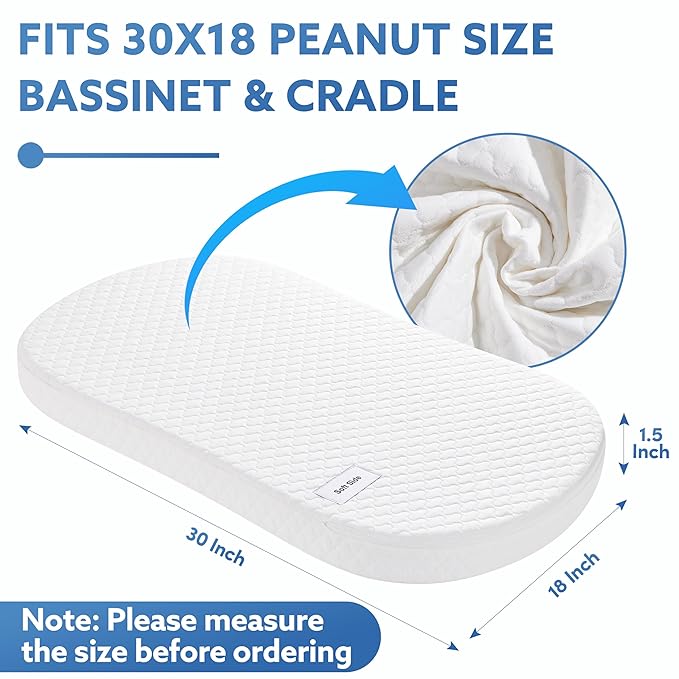 Pro Goleem Baby Bassinet Mattress Pad 30"x18" Peanut Hourglass, Waterproof Soft Cover Gel Memory Foam, Dual Side Cradle Mattress Fit Halo BassiNest Bassinet Series