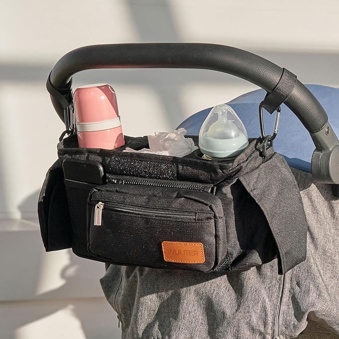 Universal Stroller Organizer with Insulated Cup Holder & Detachable Wristlet Large Capacity Baby Stroller Bag Organizer for Mom, Baby Jogger, Uppababy, Britax, BOB, Umbrella & Pet Strollers(Black)