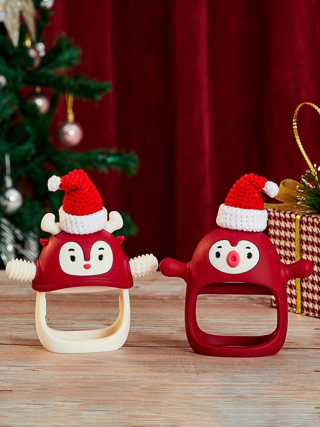 Baby Christmas Stocking Stuffers-Smily Mia Penguin Buddy and Reindeer 2 in 1 Christmas Gift/Toy Set for 0-12 Months Teething Babies, Teeting Mittens For Babies, Infant Christmas Gift Box-Christmas Red