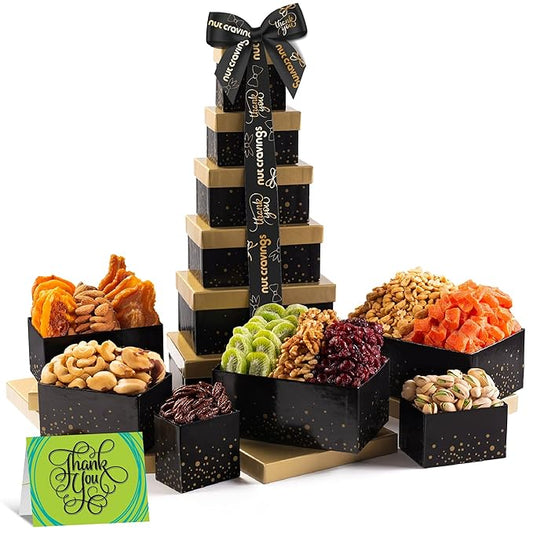 NUT CRAVINGS Gourmet Collection - Thank You Appreciation, Nuts & Dried Fruits Tower Gift Basket, with TY Ribbon + Greeting Card (12 Assortments) Food Arrangement, Healthy Snack, Food Assortments