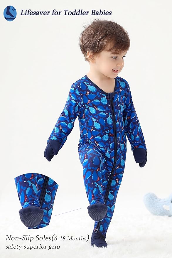 JunNeng Viscose from Bamboo Baby Boy Sleeper with Mitten Cuffs, Footless Soft Zippy Pajamas, Sleep N' Play Romper 0-18 Months