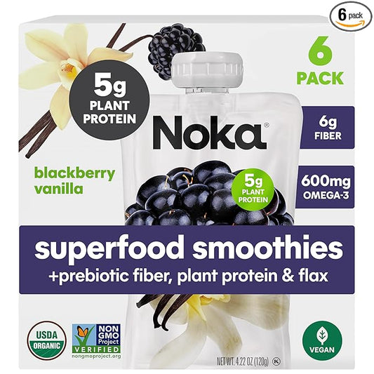 Noka Superfood Fruit Smoothie Pouches, Blackberry Vanilla, Healthy Snacks with Flax Seed, Plant Protein and Prebiotic Fiber, Vegan and Gluten Free Snacks, Organic Squeeze Pouch, 4.22 oz, 6 Count